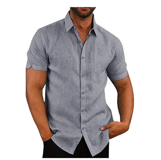 kf S955828208165403399e2e64aba9bbeb6h Summer Cotton Linen Shirts For Men Casual Short Sleeved Shirts Blouses Solid Turn Down Collar Formal