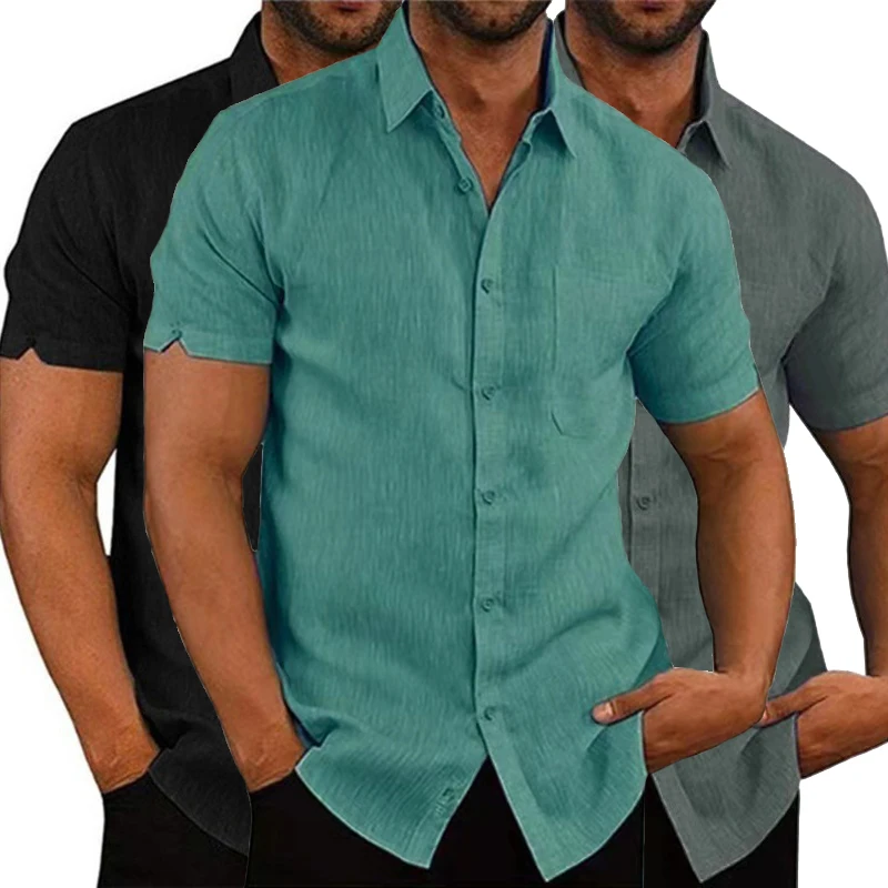 kf S95936523870046409797082f5e509d55Y Summer Cotton Linen Shirts For Men Casual Short Sleeved Shirts Blouses Solid Turn Down Collar Formal