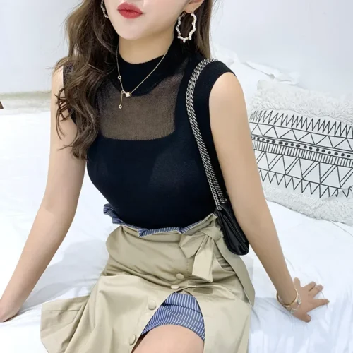 kf S95aed8a59d864f7d9037f9a9a26f0b02C Blusas Mujer De Moda 2024 Sleeveless Knitted Blouse Shirt Tops Women See Through Top Blouse Women