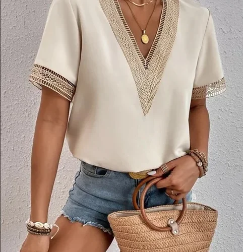 kf S9ac28039d8094102a4f339915719103et Elegant Blouse Fashion Short Sleeve Tops 2023 Summer V neck Quilted Female Lace Shirt Commuter Office