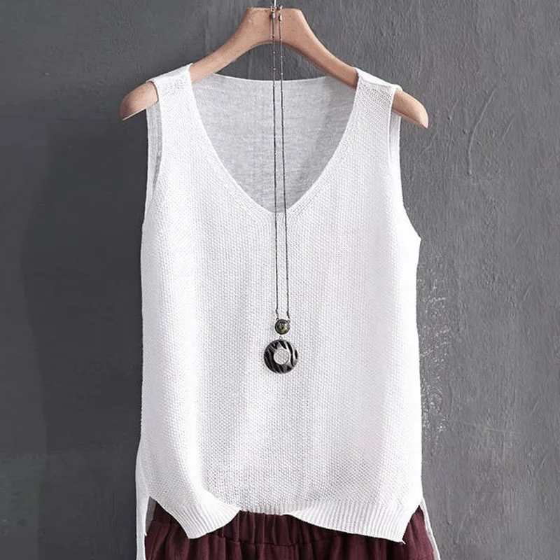 kf S9bc7d0b1ef26471e9d87e608ef856cbdk Blusas Mujer De Moda 2024 Blouse Women Summer Sleeveless Knitted Blouse Shirt Women Clothes V neck