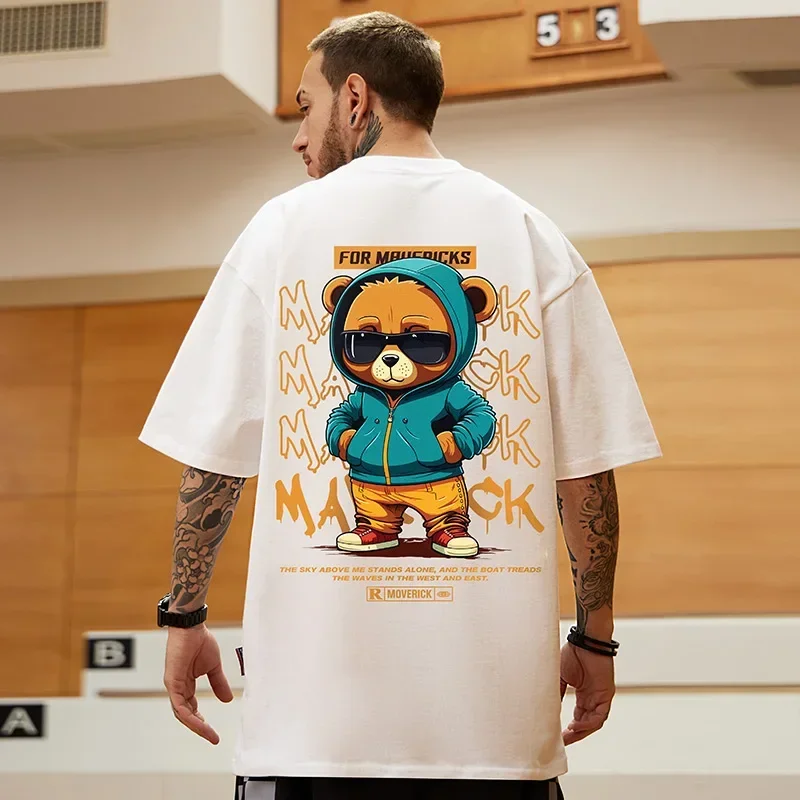 kf S9c073a79cb6b4b07a9c7aae971716bd6j 2023 Summer Letter Bear 100 Cotton High Quality Printed T shirt Harajuku Clothing Leisure Street Fitness