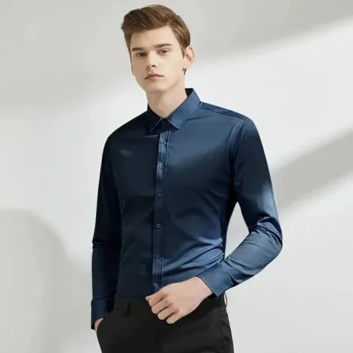 kf S9ca3b98e99624f13b918225474a1f1f4H Men s long sleeved elastic shirt non ironing business dress professional work attire stand up collar