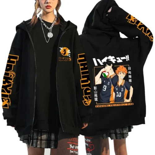 kf S9cf6ece9106d4da6b25040a27f65d61cD Women Men Anime Hoodie Haikyuu Zip Up Jacket Karasuno High School Plus Size Sweatshirt Harajuku Unisex