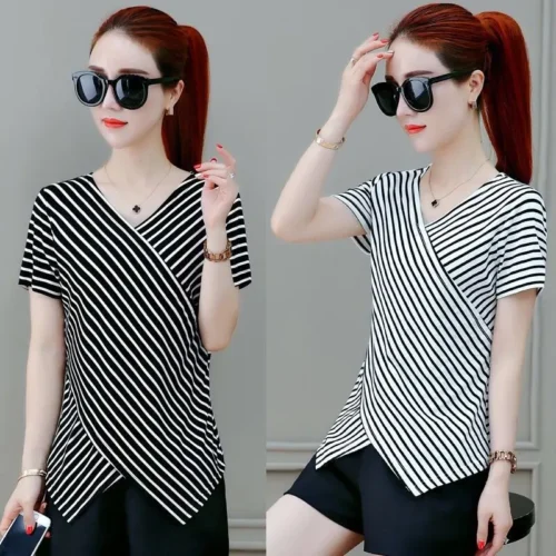 kf S9f35b9d3b8c7497b805412dd3cd344c86 Fashion V Neck Short Sleeve Striped Irregular Blouses Women s Clothing 2024 Summer New Loose Casual