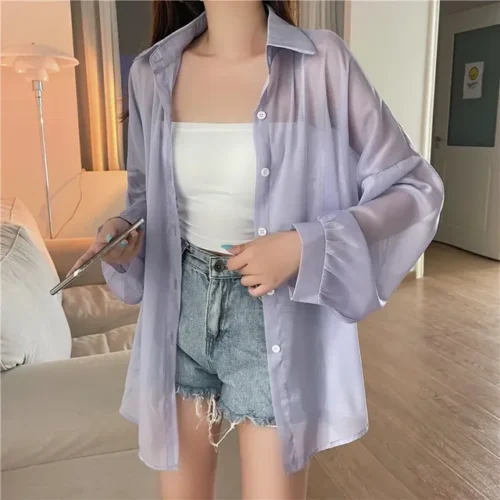 kf S9f9c46f8162d4c559a47e9eec6c6b931Y Fashion Women Holiday Beach Shirts See Through Chiffon Blouse New Summer Tops Sun Protection Clothes Long 1