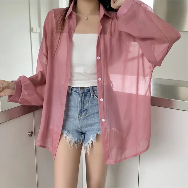 kf S9fe175ad31314f45b7c9ab08680ad483q Fashion Women Holiday Beach Shirts See Through Chiffon Blouse New Summer Tops Sun Protection Clothes Long