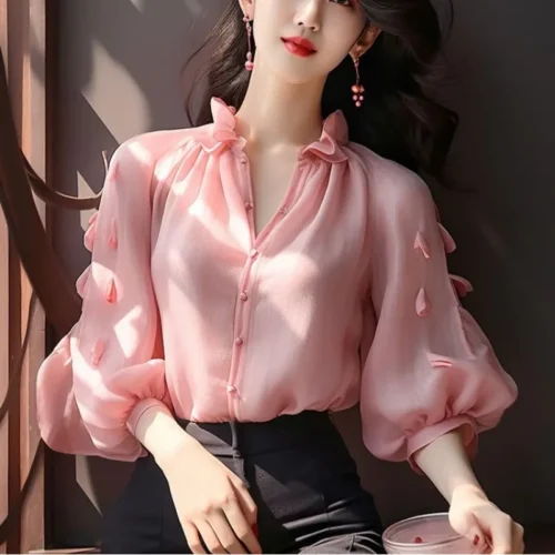 kf Sa146b83980bd474ea0416e29736c9909x French Style Chic 2024 New Spring Blouses Women s Solid Color V Neck Edible Tree Fungus