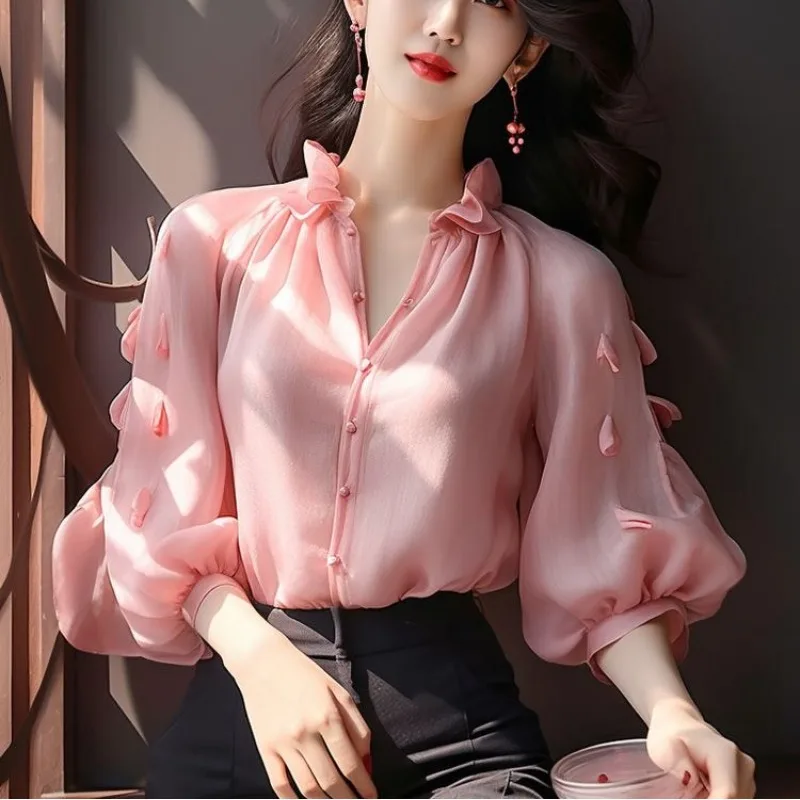 kf Sa146b83980bd474ea0416e29736c9909x French Style Chic 2024 New Spring Blouses Women s Solid Color V Neck Edible Tree Fungus