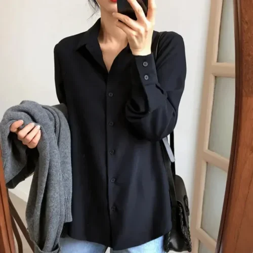 kf Sa21573bbe0914378a59af4c2fb52c5baP Black Korean New Spring Fashion Women Tops Blouse White Blouse Bottom Shirt Chiffon Shirt Office Lady 1