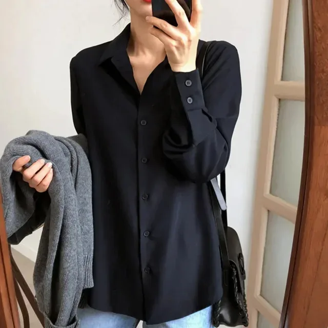 kf Sa21573bbe0914378a59af4c2fb52c5baP Black Korean New Spring Fashion Women Tops Blouse White Blouse Bottom Shirt Chiffon Shirt Office Lady 1