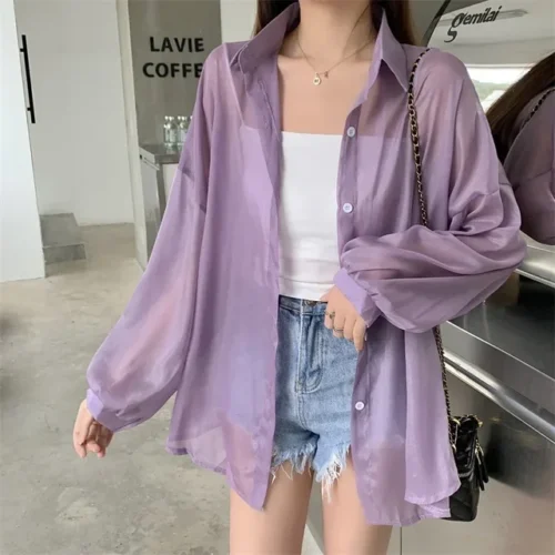 kf Sa285aa9cfa0741e3b8b47ce7f148dd6cW Fashion Women Holiday Beach Shirts See Through Chiffon Blouse New Summer Tops Sun Protection Clothes Long