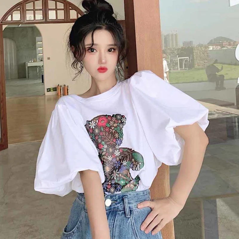 kf Sa3065576e74c4cfc84dee4b780860e490 Stylish O Neck Loose Printed Folds Puff Sleeve Blouse Female Clothing 2023 Summer New Casual Pullovers