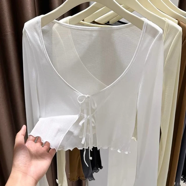 kf Sa3a576caf5d7460c98d3320045e57d00C Women s Summer Sunscreen Shirt Ice Silk Fabric Breathable Long Sleeves Lace Up Big U neck