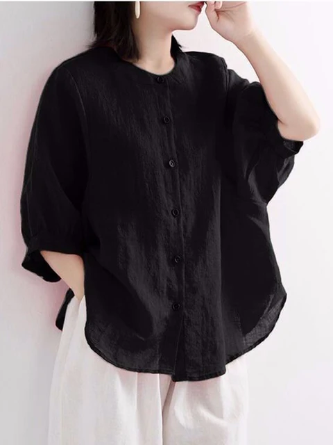 kf Sa7263d2ea92d420f885c2e500b755ba19 ZOKI Casual Cotton Linen Shirts Oversize Summer Lantern Half Sleeve Tops Summer Korean Loose Mom Button