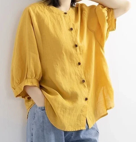 kf Sa84e128ab3d547b8b0781614b92436act ZOKI Casual Cotton Linen Shirts Oversize Summer Lantern Half Sleeve Tops Summer Korean Loose Mom Button