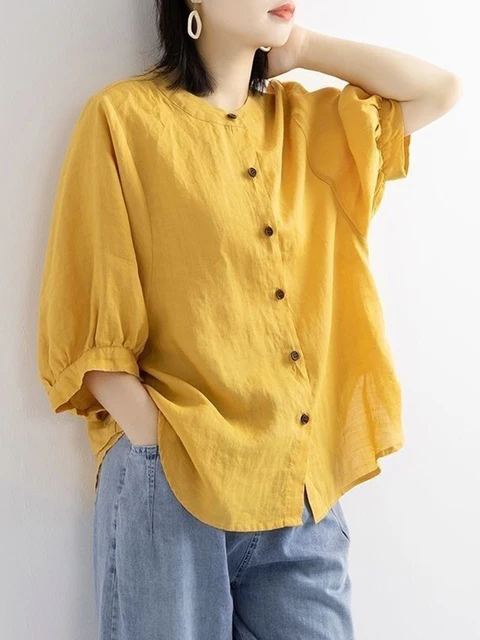 kf Sa84e128ab3d547b8b0781614b92436act ZOKI Casual Cotton Linen Shirts Oversize Summer Lantern Half Sleeve Tops Summer Korean Loose Mom Button