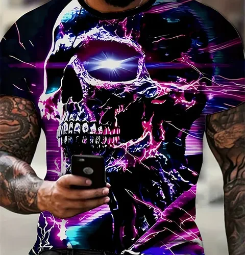 kf Sa8acf7393cfb4244b97c7decda980ad9B Men s Horror Skull Print T Shirt 3D Print Vintage O Neck Short Sleeve Fashion Oversized