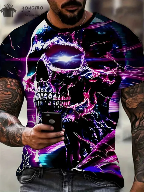 kf Sa8acf7393cfb4244b97c7decda980ad9B Men s Horror Skull Print T Shirt 3D Print Vintage O Neck Short Sleeve Fashion Oversized