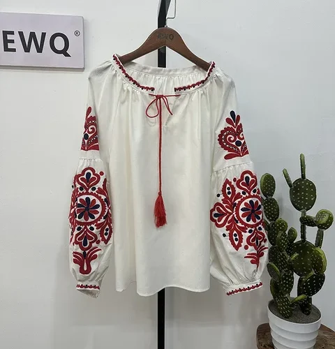 kf Sa8c92d028f774d09a94941170e35bed7T EWQ Sweet Style Women Pullover Shirts Embroidery Patchwork Bandage V neck Lantern Sleeve Spring Summer 2023