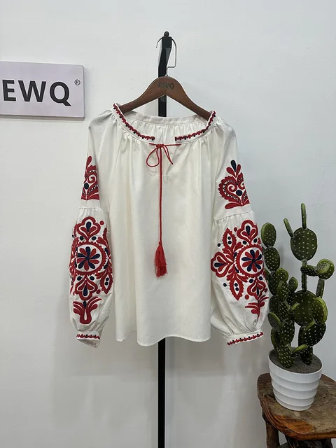 kf Sa8c92d028f774d09a94941170e35bed7T EWQ Sweet Style Women Pullover Shirts Embroidery Patchwork Bandage V neck Lantern Sleeve Spring Summer 2023