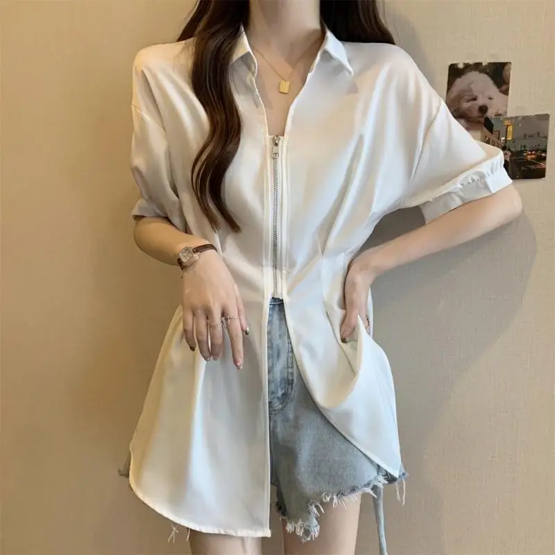 kf Sa9c1a9d68033489ab418a845b19b763b2 Fashion Lapel Zipper Solid Color Folds Chiffon Shirts Female Clothing 2024 Summer New Loose All match