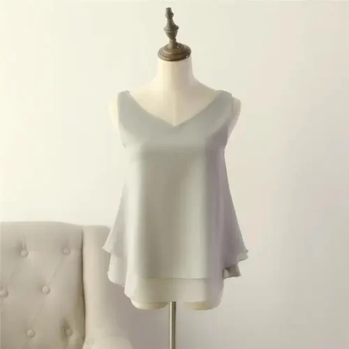 kf Saad5d213078b4e9e9d3dd80e0a36becbb 2024 Fashion Brand Women s Blouse Tops Summer Sleeveless Chiffon Shirt Solid V neck Casual Blouse