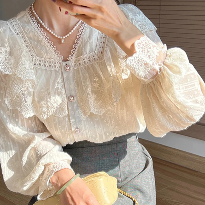 kf Saadf1e38f2d540c59e1a120bf4113cb1v Vintage French Women Shirts Lace Lolita Elegant Long Sleeve Flounce Blouse High Quality Office Lady New