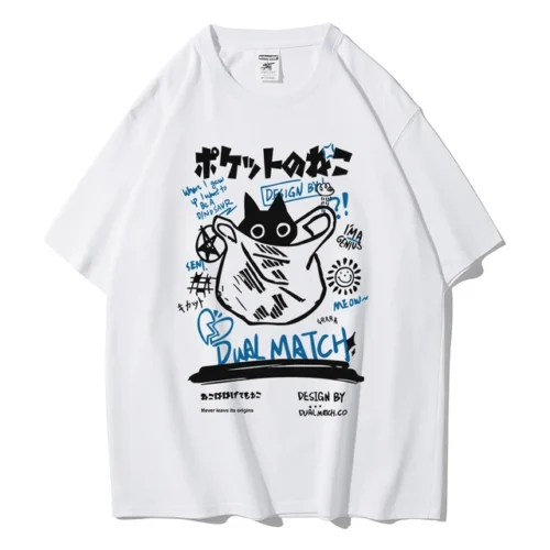 kf Sabbc670c272d407c9d4582b66634a080C Men Women Cartoon T Shirts 2024 Summer Harajuku Kawaii Cat Printed Short Sleeve Tees Couple Streetwear