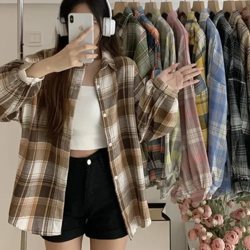 kf Sacfd9acf7b694af08a5e399bea82b940s Plaid Shirt Women Autumn Long Sleeve Top Female Vintage Fashion Single Breasted Blouse Ladies Preppy Style