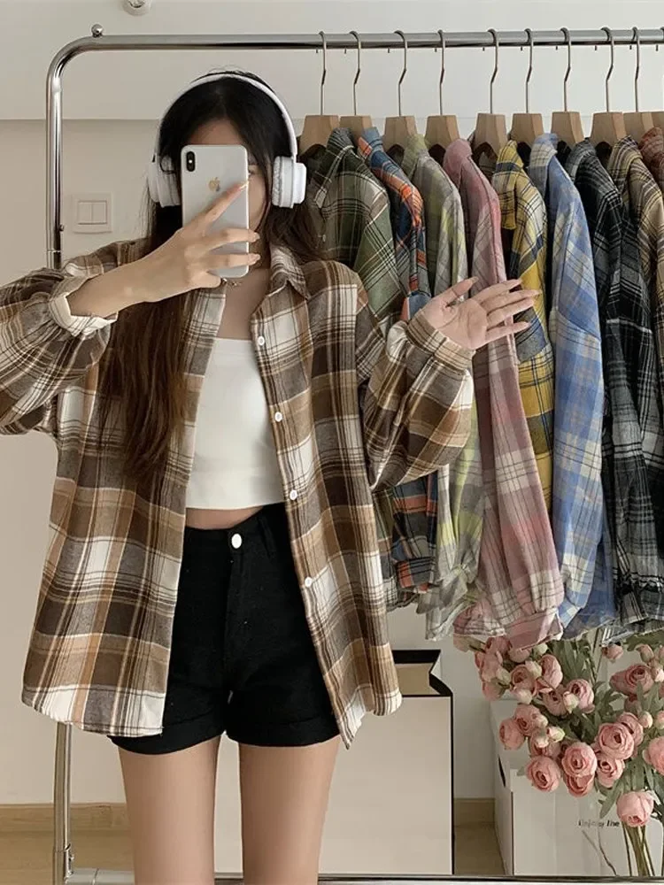 kf Sacfd9acf7b694af08a5e399bea82b940s Plaid Shirt Women Autumn Long Sleeve Top Female Vintage Fashion Single Breasted Blouse Ladies Preppy Style