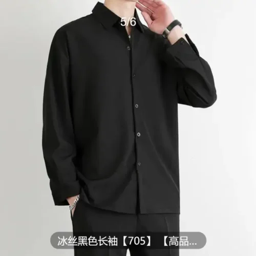 kf Sad9722bb87de473397f7d15b5ce30651K Premium Men Ice Silk Shirt Spring Summer Thin Luxury Loose Korean Business Shirt Solid Trendy Ruffle