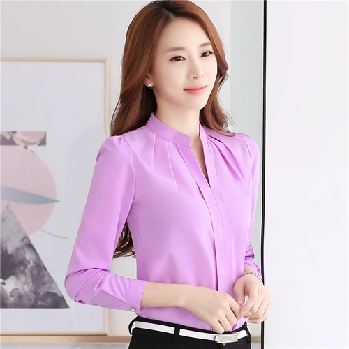 kf Sae0a292b6a5540e19f3387c6a1904233Y Blusas Mujer De Moda 2024 V neck Office Ladies Tops Solid Pink Blouse Women Long Sleeve