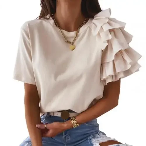 kf Sae4a00f398454ef4a090f882bf5dee76J Fashion blouse women elegant white Solid Color Layered Ruffle Short Sleeve Asymmetric Loose T shirt Top