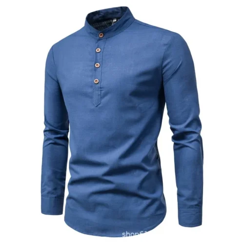 kf Saf85931bdf9646aa9b5323423523a14fM Men s solid color casual slim fitting standing collar long sleeved business shirt shirt