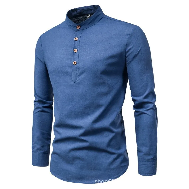 kf Saf85931bdf9646aa9b5323423523a14fM Men s solid color casual slim fitting standing collar long sleeved business shirt shirt