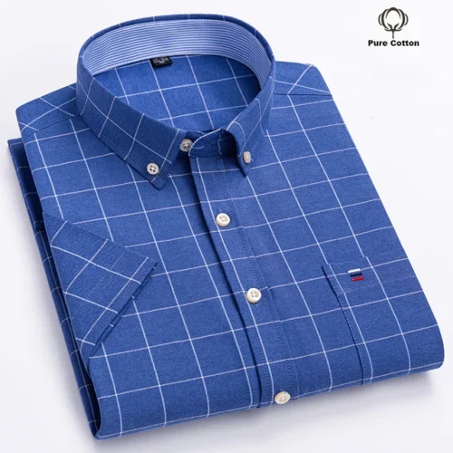 kf Sb1113975b9c34fdaa42fee30b6414f67H New Quality Men Social Shirt Short Sleeve 100 Pure Cotton Oxford Soft Buttoned Plaid Formal Male