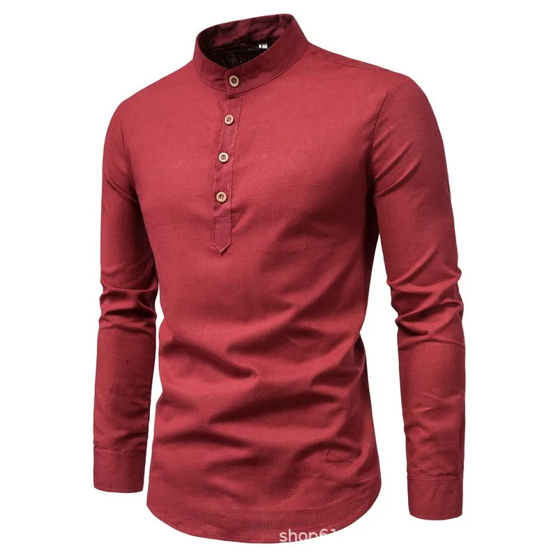 kf Sb2a56654347c42368f87f169cf373f6b8 Men s solid color casual slim fitting standing collar long sleeved business shirt shirt