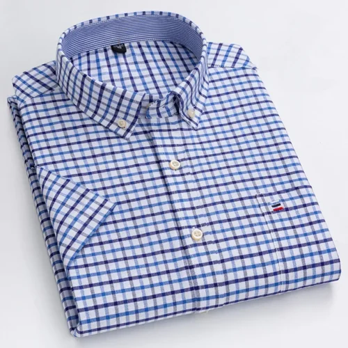 kf Sb3d78ec0f8df48c0bc477f02c8067063w New High Quality Cotton Shirts for Men Short Sleeve Summer Plaid Striped Male Business Casual White