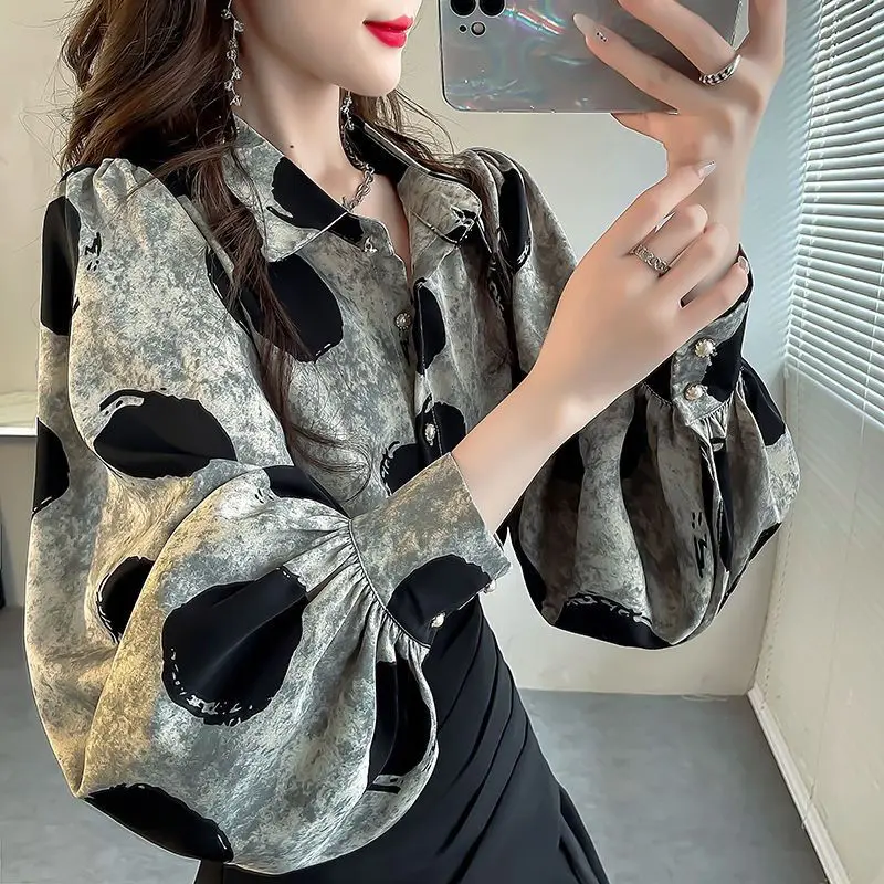 kf Sb3dc10dc8d144e25a1d483c79cf83637l Women s Clothing Vintage Elegant Polka Dot Print Button Shirts Office Lady Lantern Sleeve Chic Designer