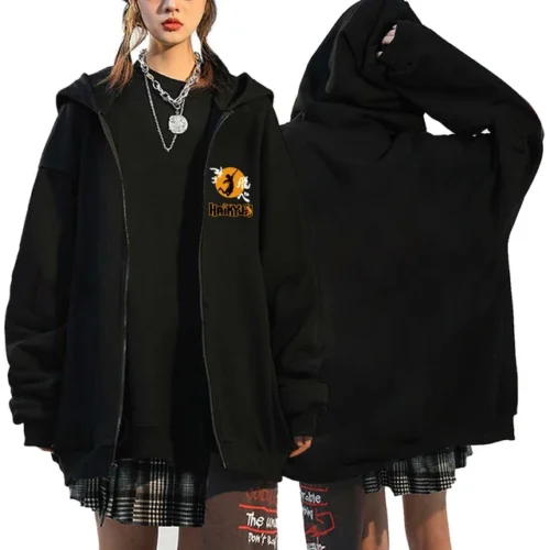 kf Sb564ec34d85b4b7a917c3b7274f160e1o Women Men Anime Hoodie Haikyuu Zip Up Jacket Karasuno High School Plus Size Sweatshirt Harajuku Unisex