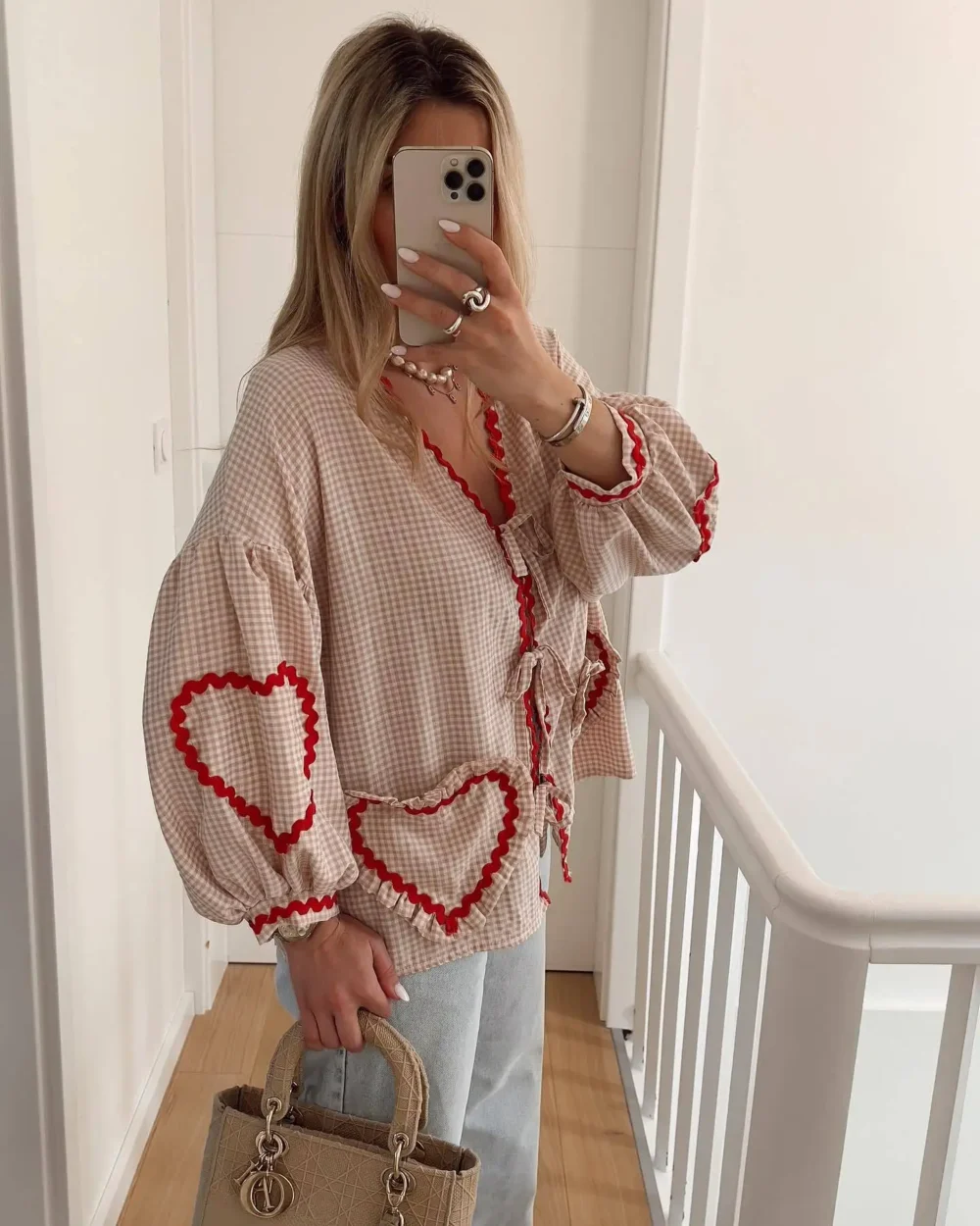 kf Sb72e2e8c5d11412aa33f04b62babf19eX Vintage Women Loose Heart Pockets Shirts 2024 Fashion Ladies Casual V Neck Bow Buttons Blouses for