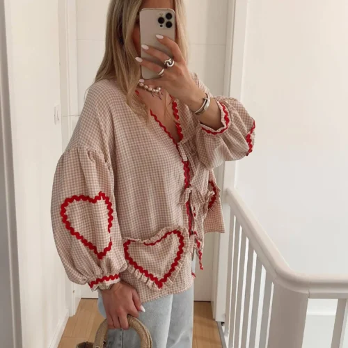 kf Sb72e2e8c5d11412aa33f04b62babf19eX Vintage Women Loose Heart Pockets Shirts 2024 Fashion Ladies Casual V Neck Bow Buttons Blouses for