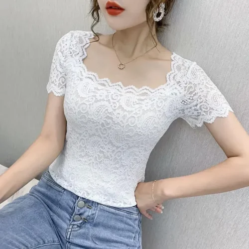 kf Sb7f0852805cd48dba9e2f19062b5a1c98 Blouse Women Lace Top Women s Short Sleeved Summer Square Collar Sexy Cutout Shirts Blusas Ropa