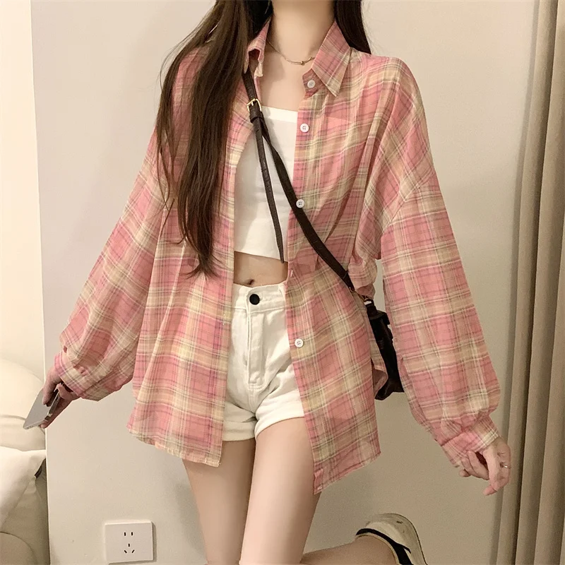 kf Sba2cd267250b45a9b9a49ccd58aa4102Z Oversized Long Sleeve Check Shirt Women Summer Lightweight Button Front Plaid Blouse Ladies Teengirl Preppy Daily