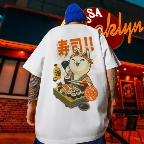 kf Sba314938865b4ee28133fc50e58c292c1 Men s T Shirt Sushi Lucky Cat Printed Male Clothing Fashion Casual Short Sleeved Loose Oversized 1