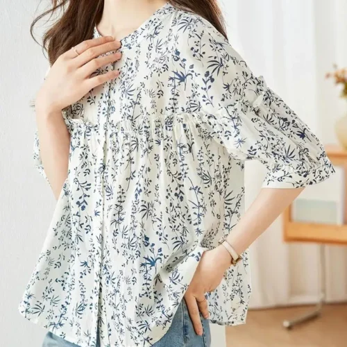 kf Sbdb41599fc8143ce97705c77926f772bj 2024 Spring Summer Flower Printed Cotton Shirt Round Neck Women Blouse 3 4Sleeve Summer Single breasted