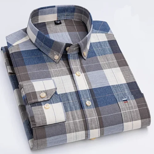 kf Sbf1f6dc3af334b5eb96074fd5e0cb64b9 Men s 100 Cotton Shirt Long Sleeve Plaid Oxford Casual Solid Color Print Regular Fit Formal