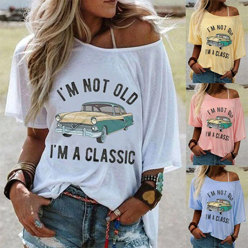 kf Sc0868410332d45738824874dac4754615 Solid Color Letter Car T Shirt Women s Round Neck Short Sleeved Summer Casual Pullover