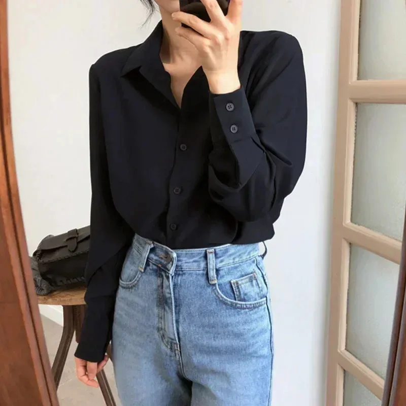 kf Sc135730a9d03461891d1df54ac4aa891B Black Korean New Spring Fashion Women Tops Blouse White Blouse Bottom Shirt Chiffon Shirt Office Lady